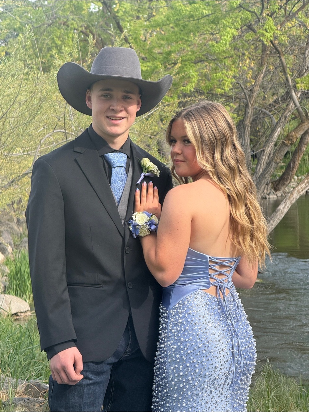 Sherri Hill Light Blue Beaded Strapless Prom Dress - Picture 3 of 4